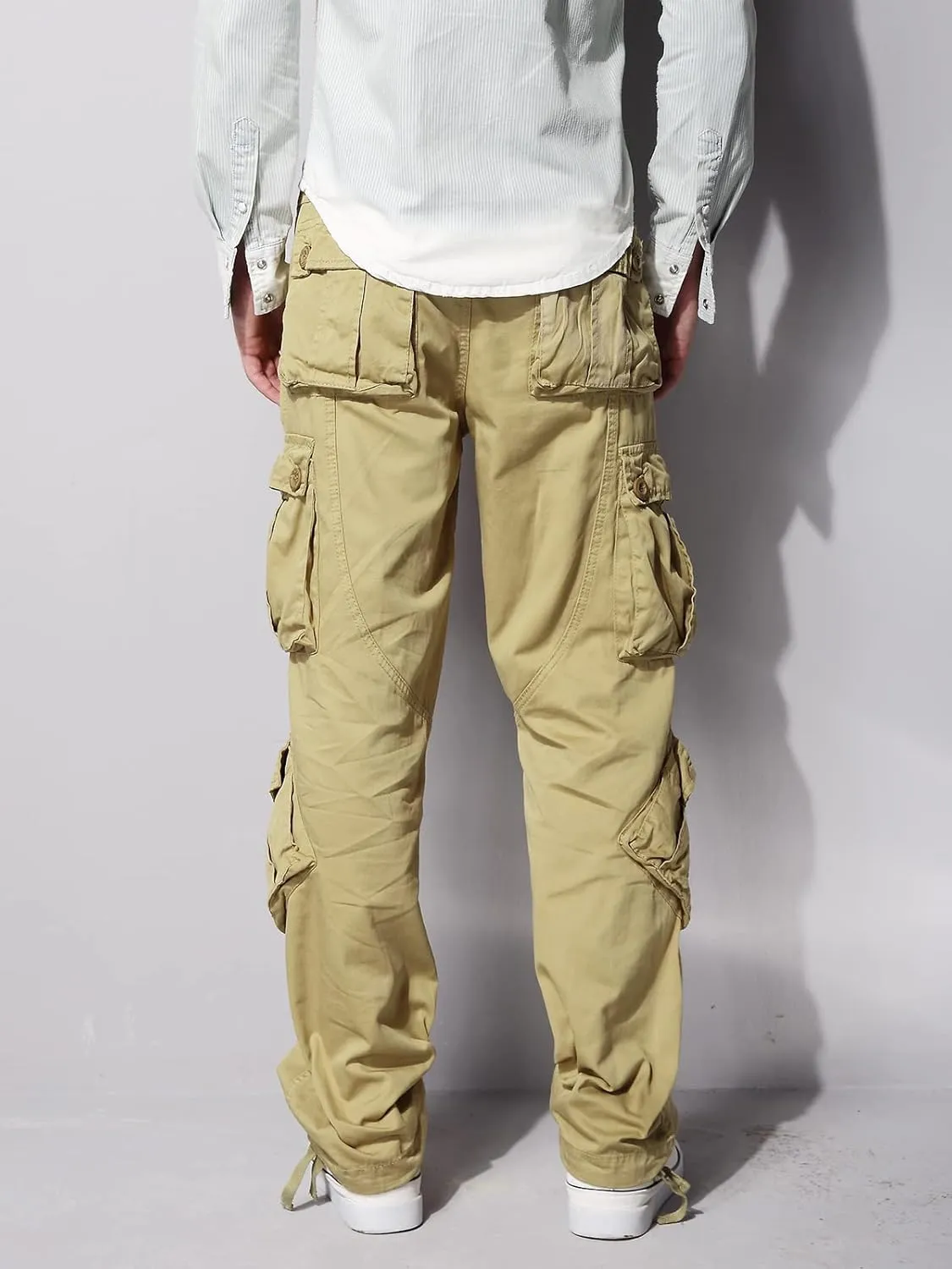 OCHENTA Men's Cotton Casual Cargo Work Pants Baggy Camo Tactical Combat Trousers with 8 Pockets (No Belt)