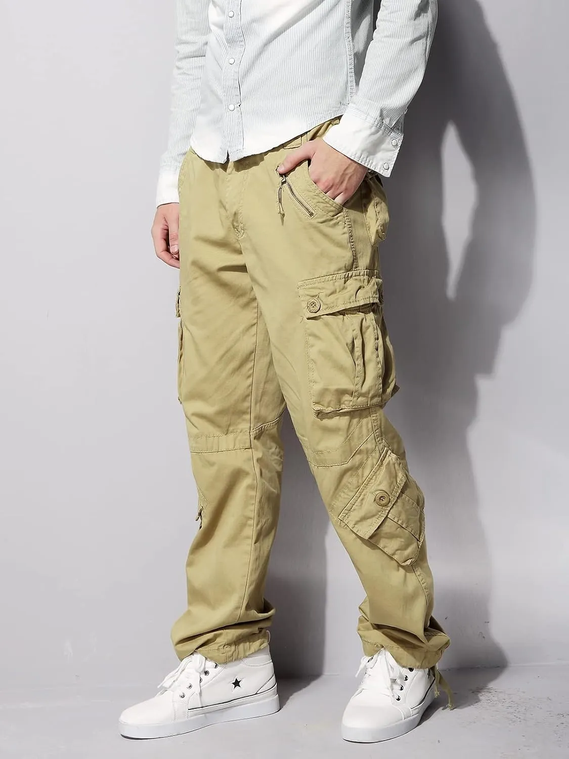 OCHENTA Men's Cotton Casual Cargo Work Pants Baggy Camo Tactical Combat Trousers with 8 Pockets (No Belt)