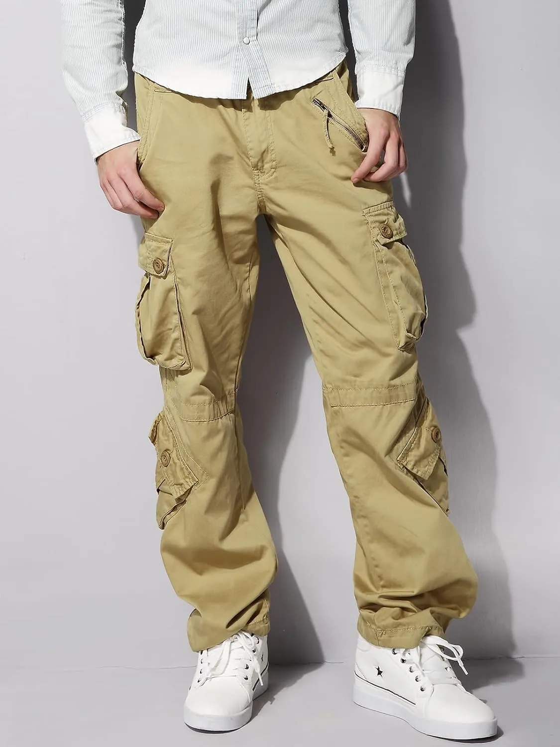 OCHENTA Men's Cotton Casual Cargo Work Pants Baggy Camo Tactical Combat Trousers with 8 Pockets (No Belt)