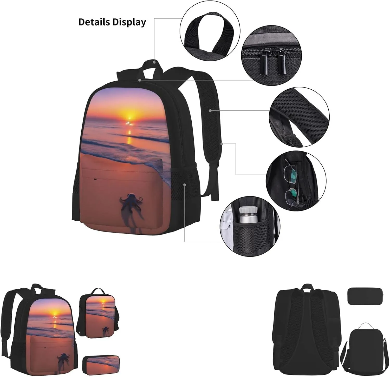 Octopus Beach Sunset Three-Piece Backpack Set With Pocket Backpack Cross-Body Lunch Bag Pen Bag For Travel Daypack