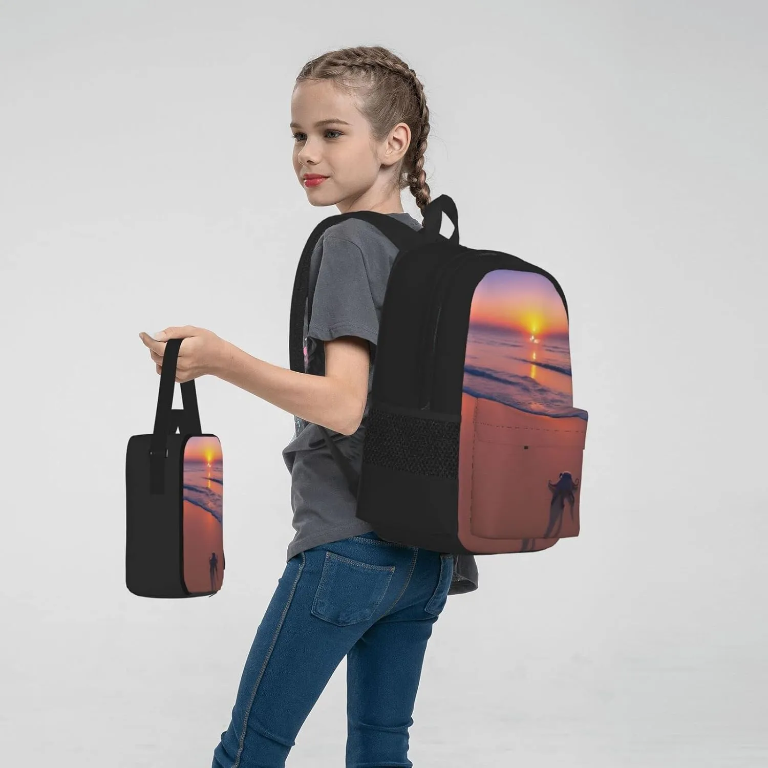 Octopus Beach Sunset Three-Piece Backpack Set With Pocket Backpack Cross-Body Lunch Bag Pen Bag For Travel Daypack