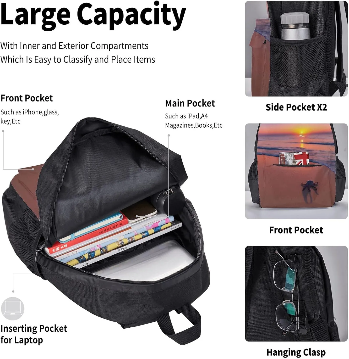 Octopus Beach Sunset Three-Piece Backpack Set With Pocket Backpack Cross-Body Lunch Bag Pen Bag For Travel Daypack