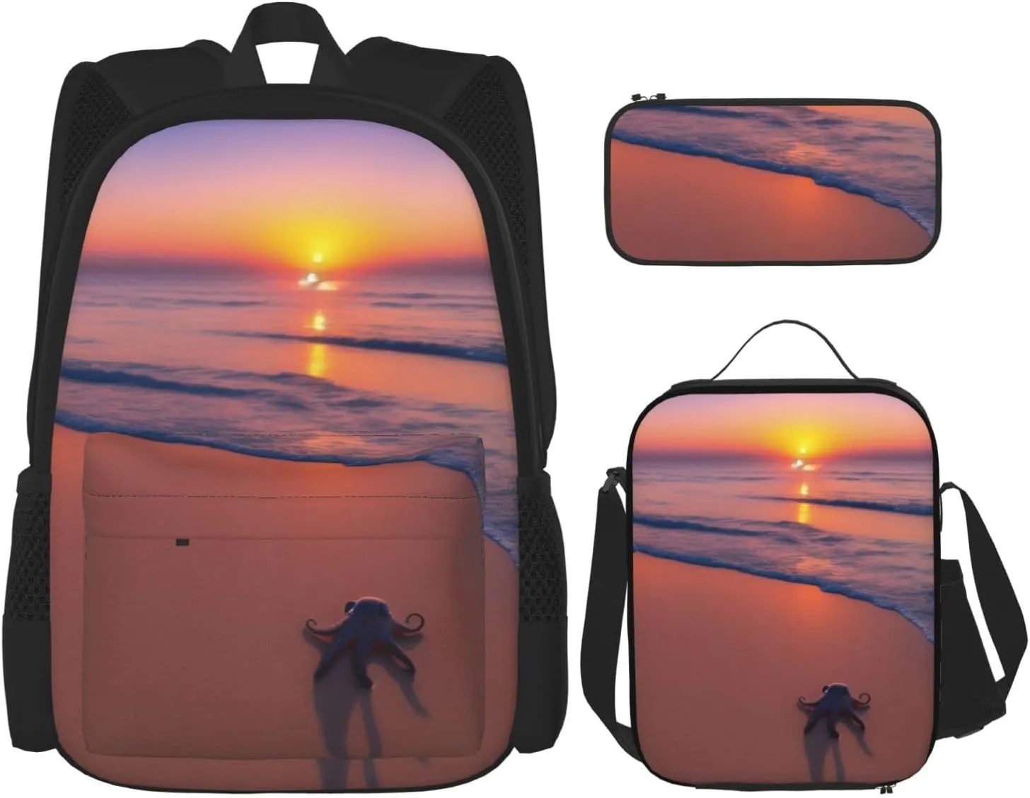 Octopus Beach Sunset Three-Piece Backpack Set With Pocket Backpack Cross-Body Lunch Bag Pen Bag For Travel Daypack