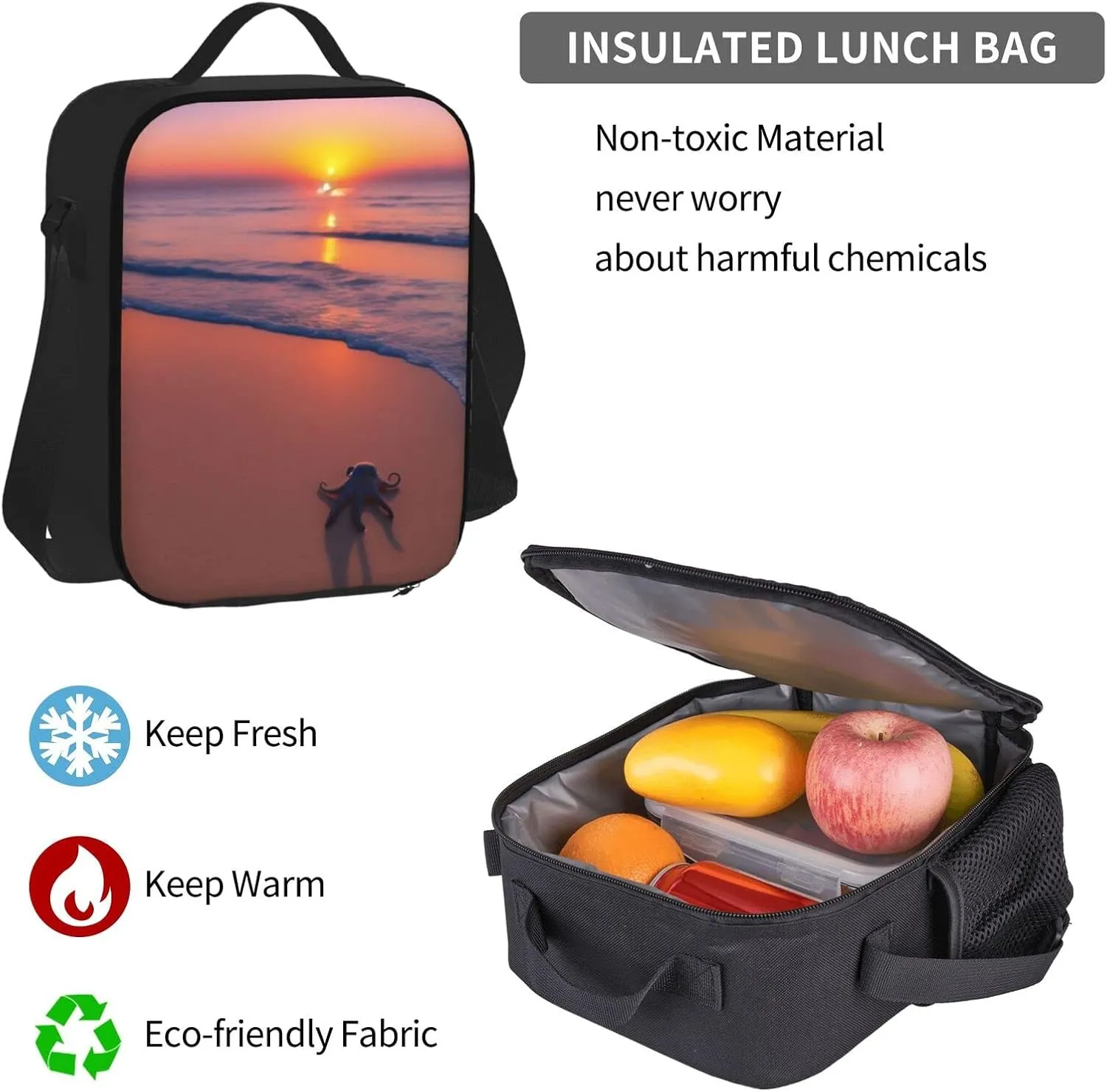 Octopus Beach Sunset Three-Piece Backpack Set With Pocket Backpack Cross-Body Lunch Bag Pen Bag For Travel Daypack