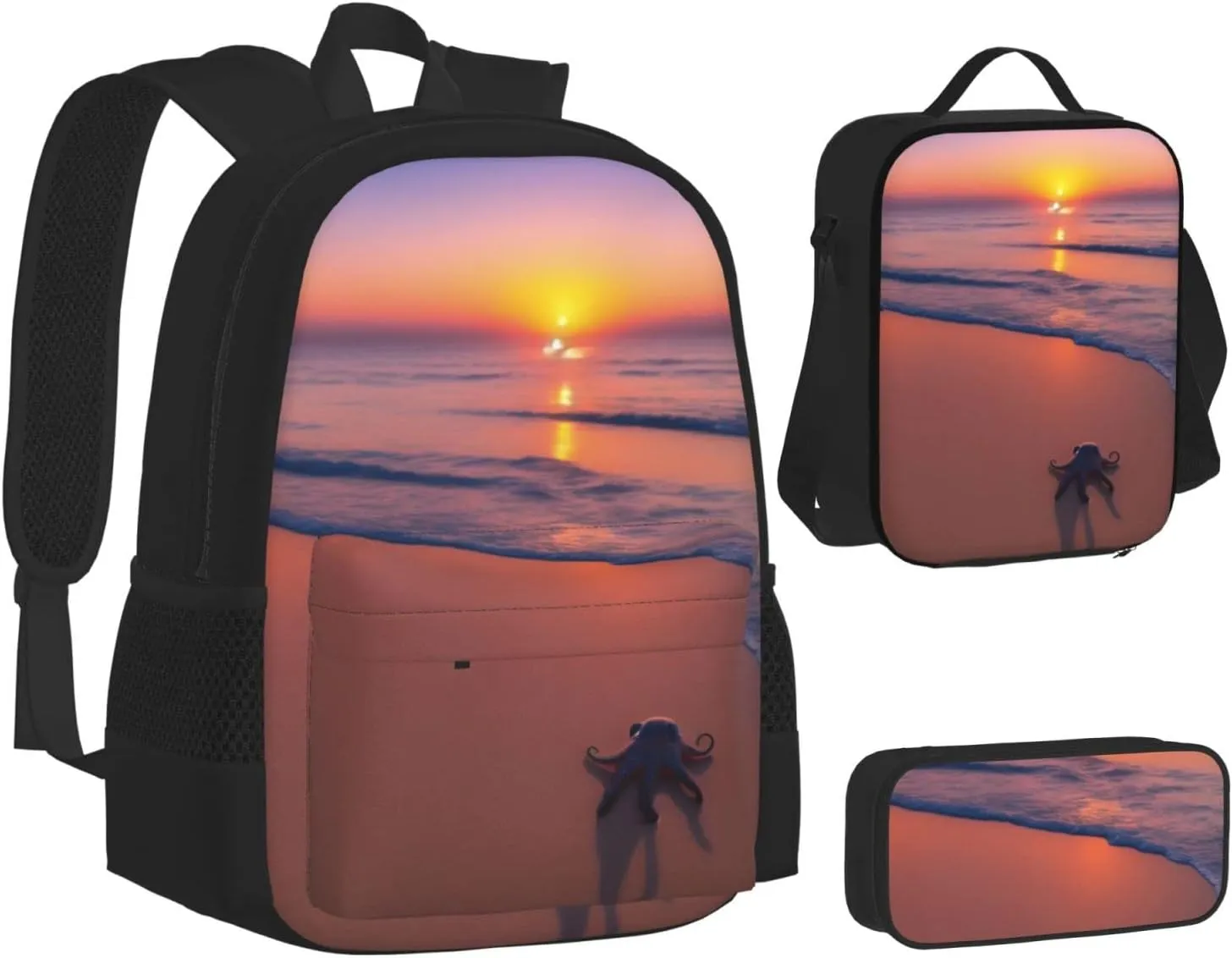 Octopus Beach Sunset Three-Piece Backpack Set With Pocket Backpack Cross-Body Lunch Bag Pen Bag For Travel Daypack