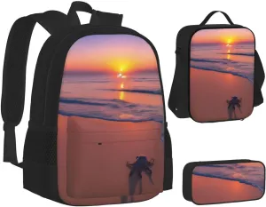 Octopus Beach Sunset Three-Piece Backpack Set With Pocket Backpack Cross-Body Lunch Bag Pen Bag For Travel Daypack