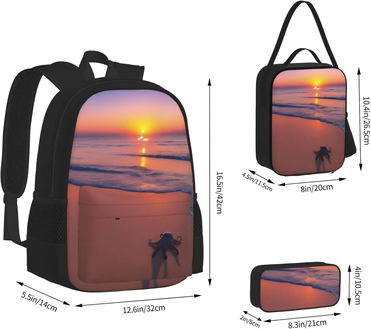 Octopus Beach Sunset Three-Piece Backpack Set With Pocket Backpack Cross-Body Lunch Bag Pen Bag For Travel Daypack