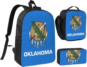 Oklahoma State Flag print 3PCS Backpack for Men Women Aesthetic 17 Inches Bookbag with Lunch Box Pencil Bag