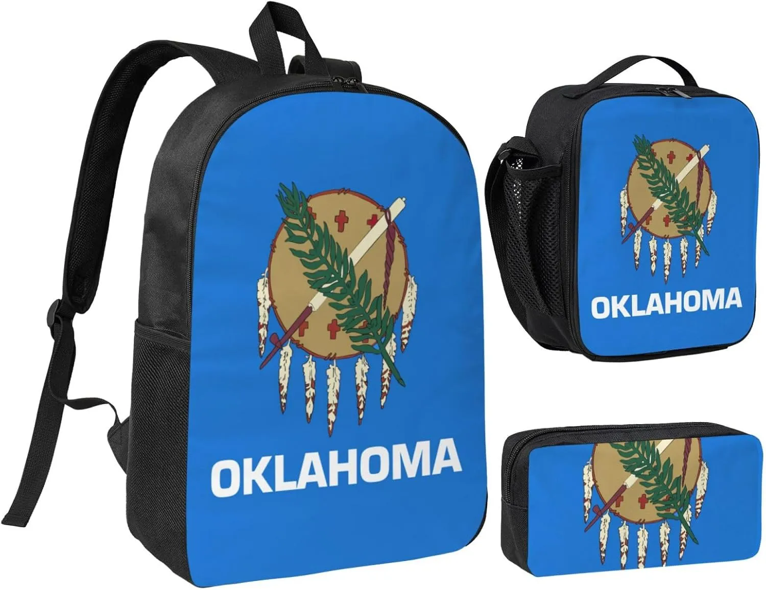 Oklahoma State Flag print 3PCS Backpack for Men Women Aesthetic 17 Inches Bookbag with Lunch Box Pencil Bag