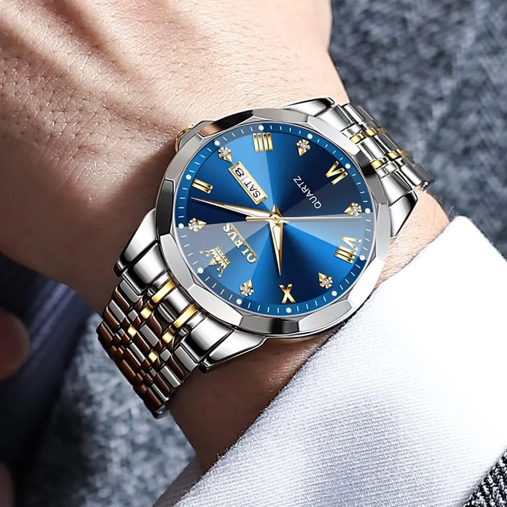 OLEVS Mens Watches Large Face Watch for Men Casual Stainless Steel Diamond Analog Quartz Waterproof Date Dress Men's Wrist Watch…