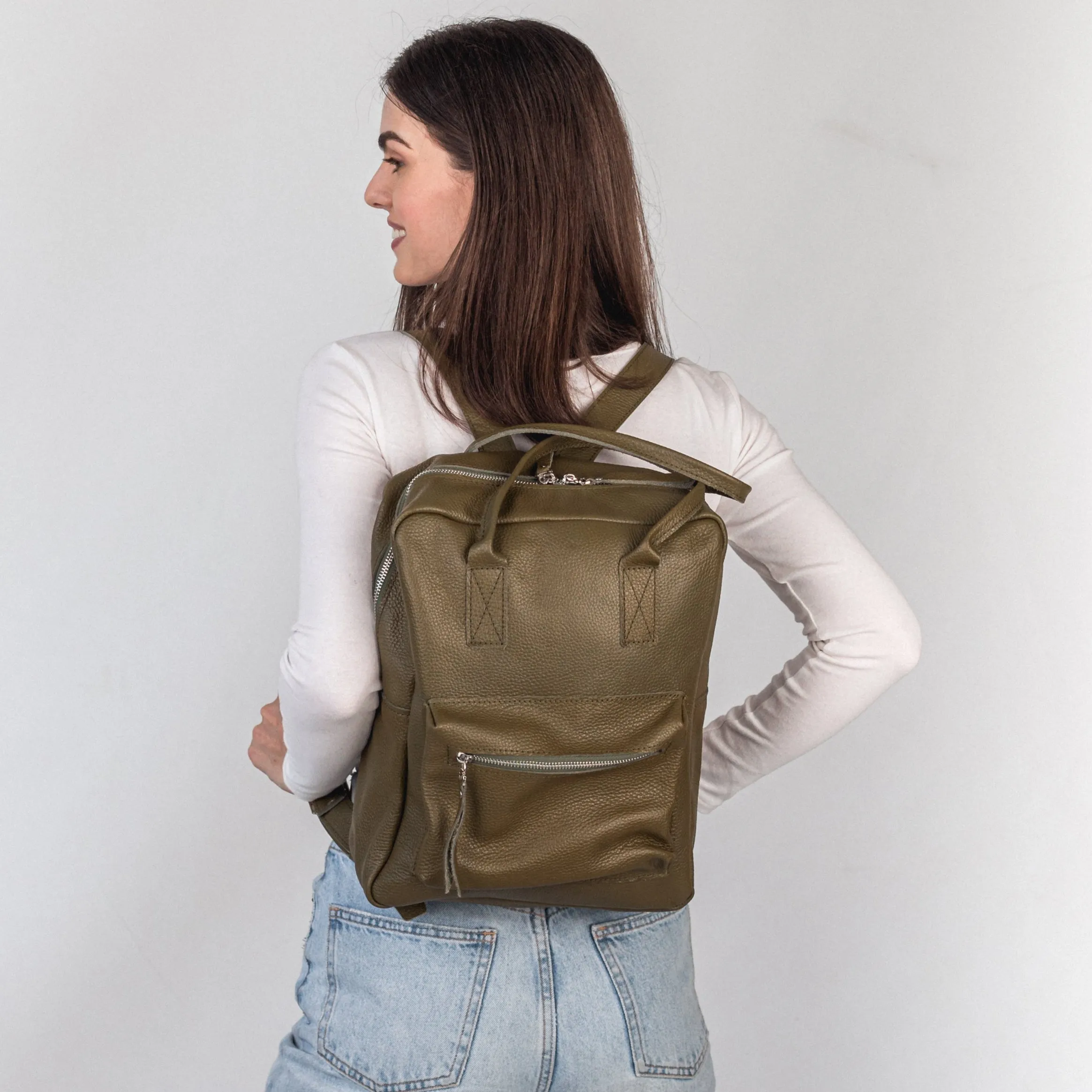 Olive pebbled  leather city backpack