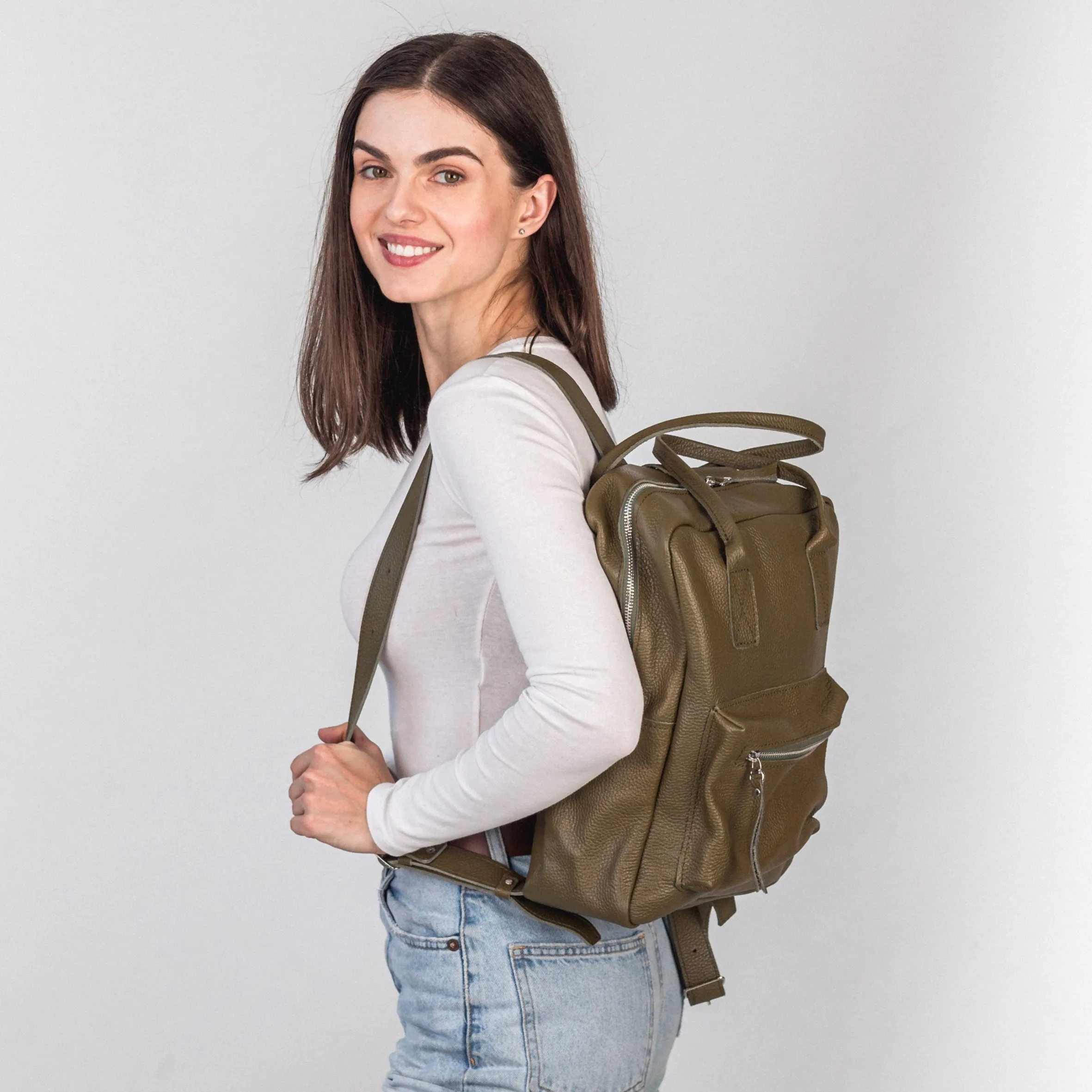 Olive pebbled  leather city backpack