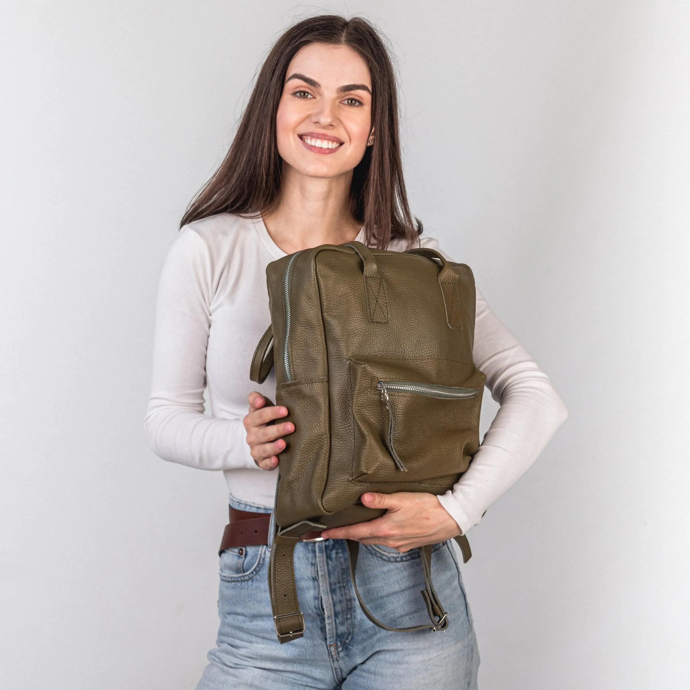 Olive pebbled  leather city backpack