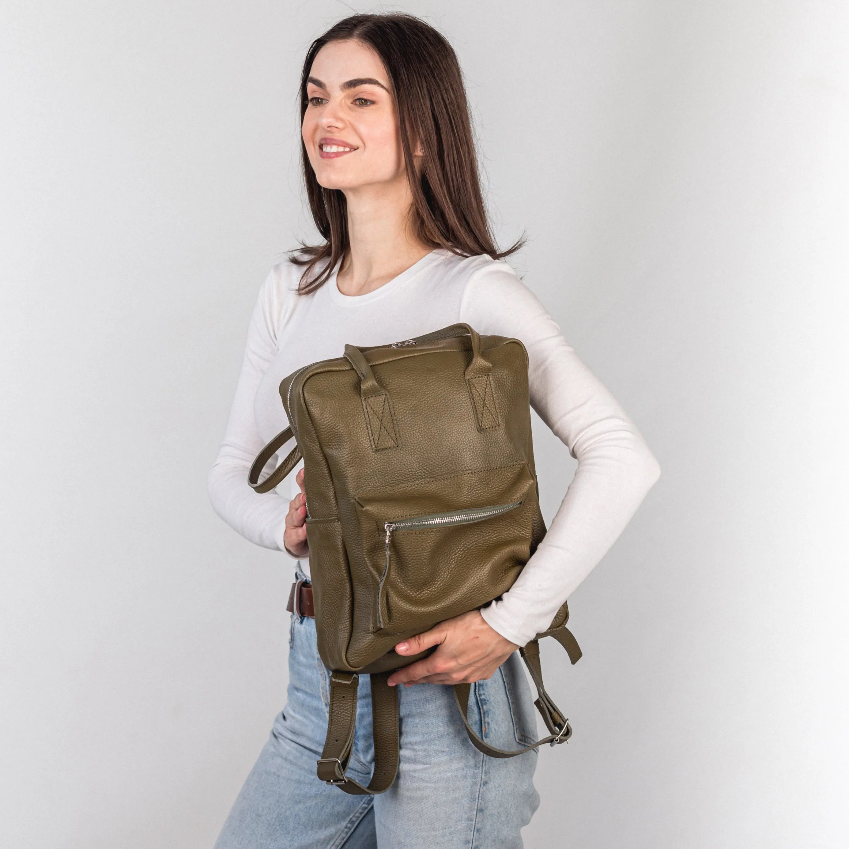 Olive pebbled  leather city backpack