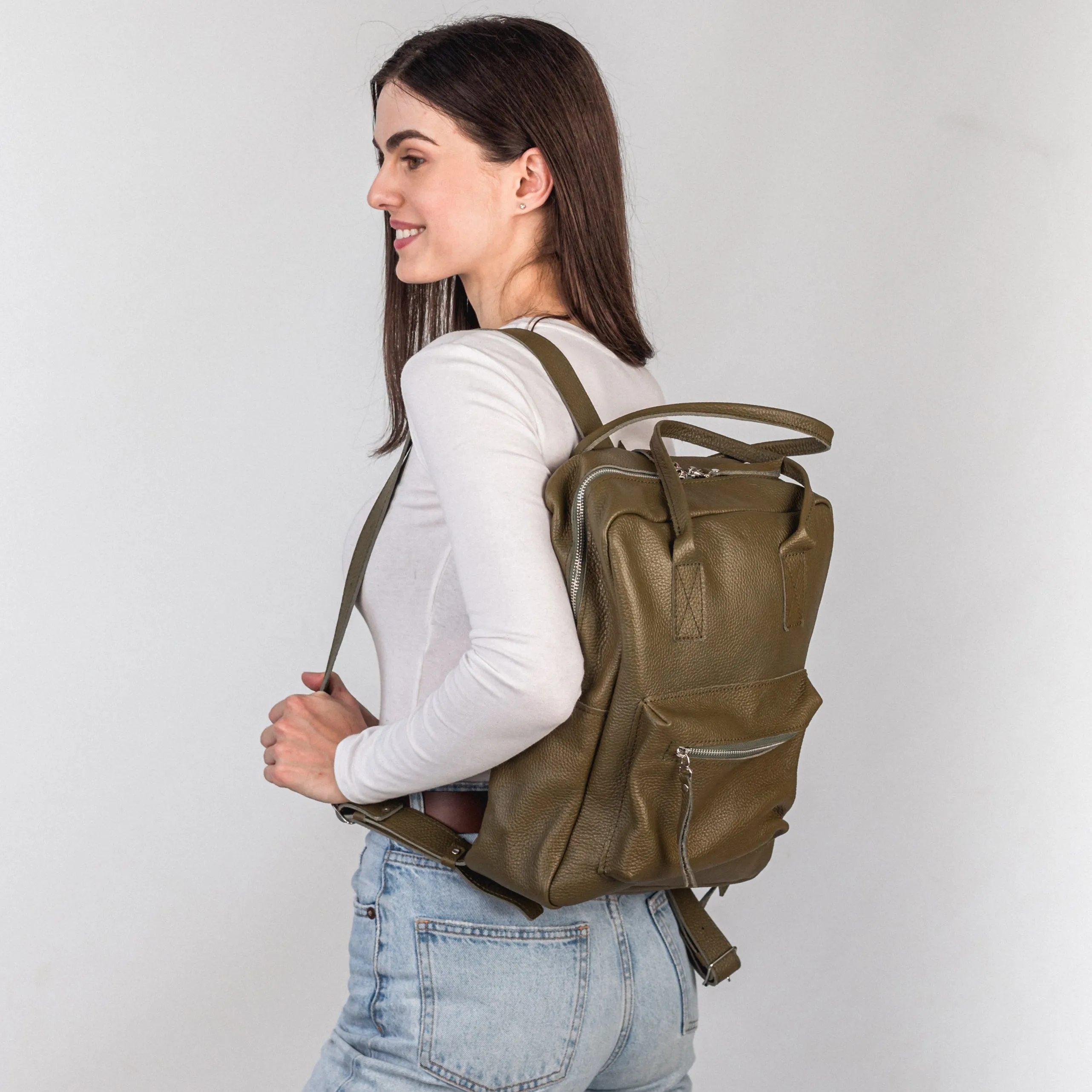 Olive pebbled  leather city backpack