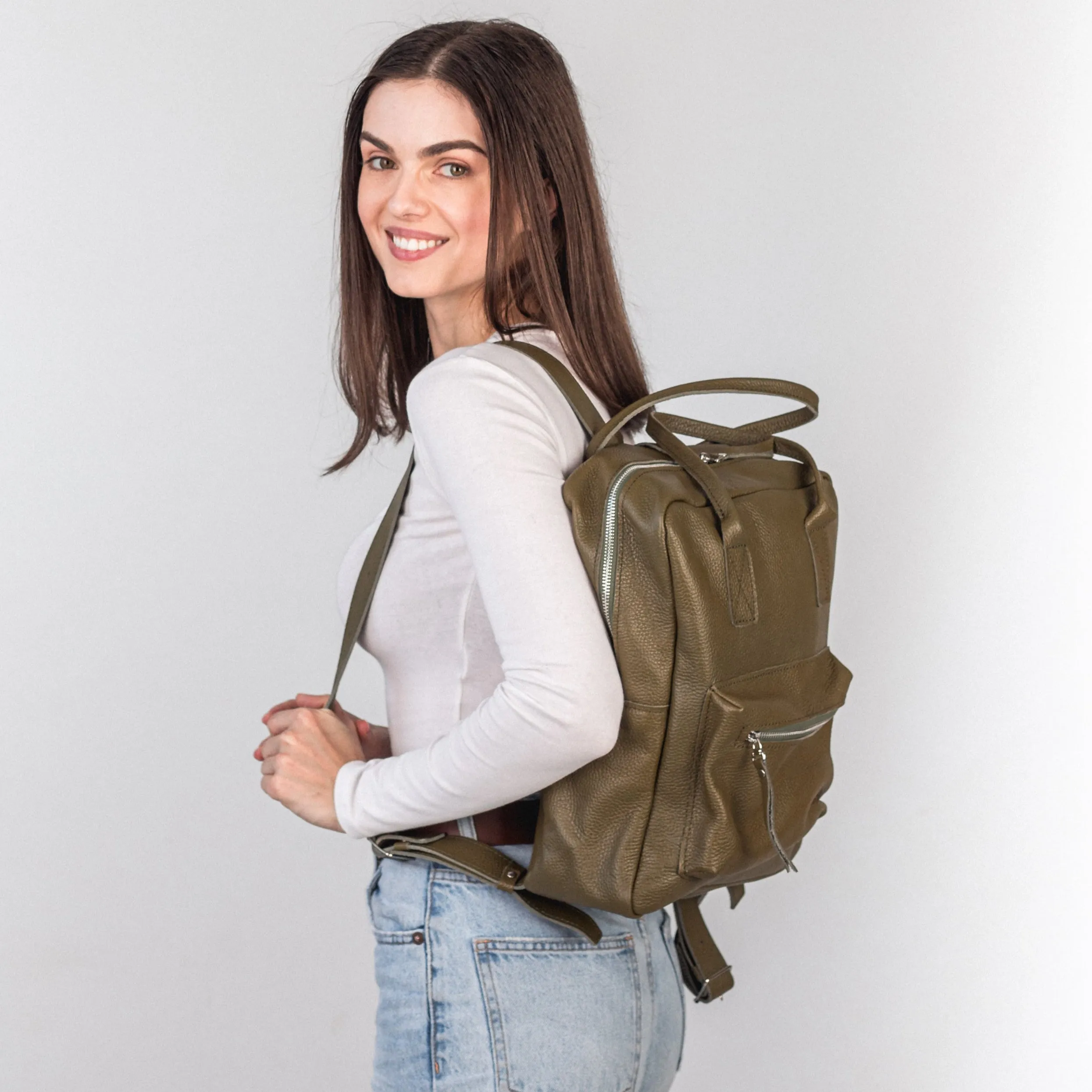 Olive pebbled  leather city backpack