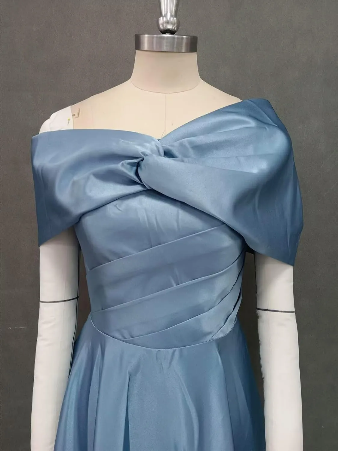 One Shoulder Satin Mother of The Bride Dresses A-Line Pleated Tea Length Wedding Guest Dress with Bow