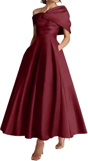 One Shoulder Satin Mother of The Bride Dresses A-Line Pleated Tea Length Wedding Guest Dress with Bow