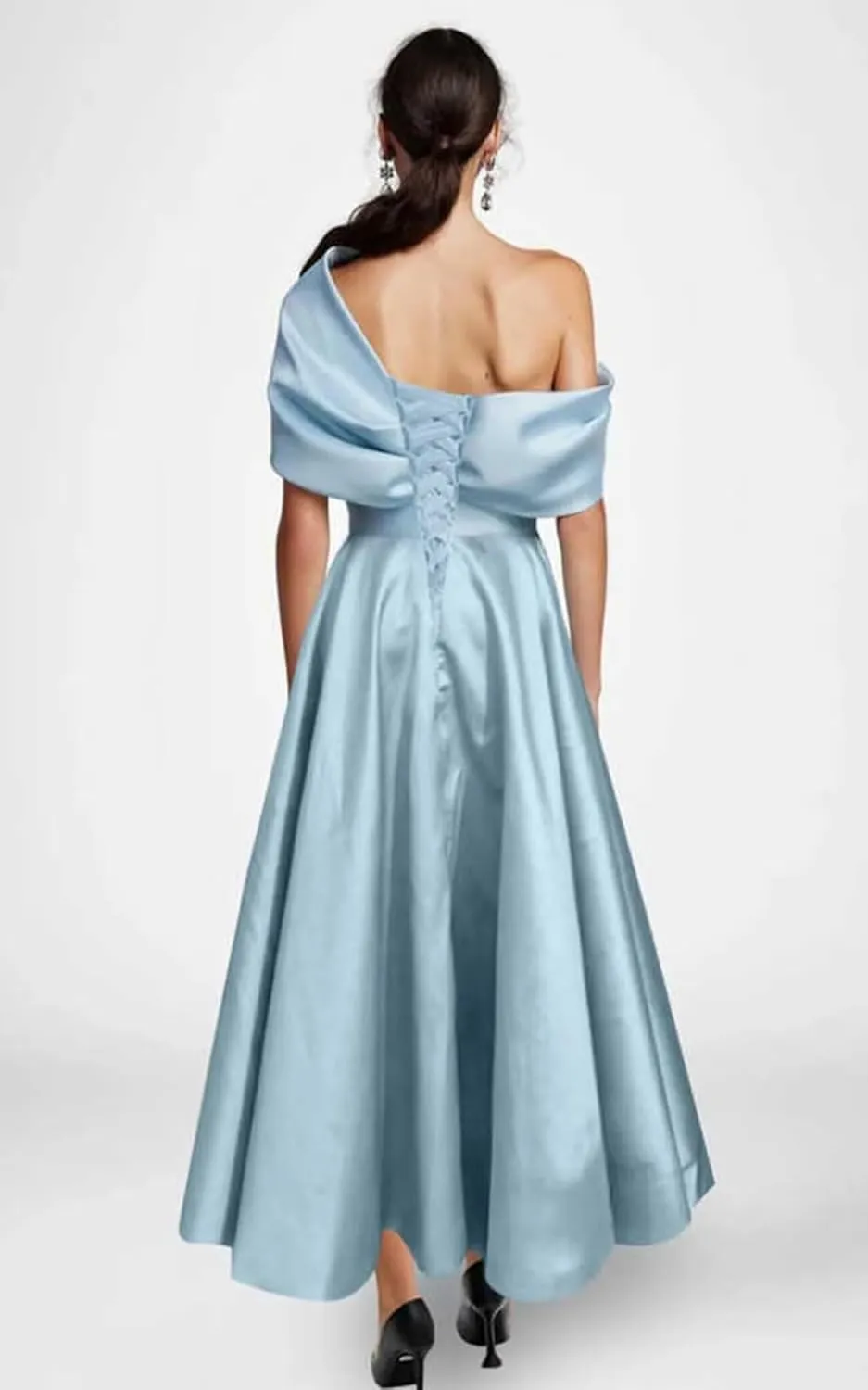 One Shoulder Satin Mother of The Bride Dresses A-Line Pleated Tea Length Wedding Guest Dress with Bow