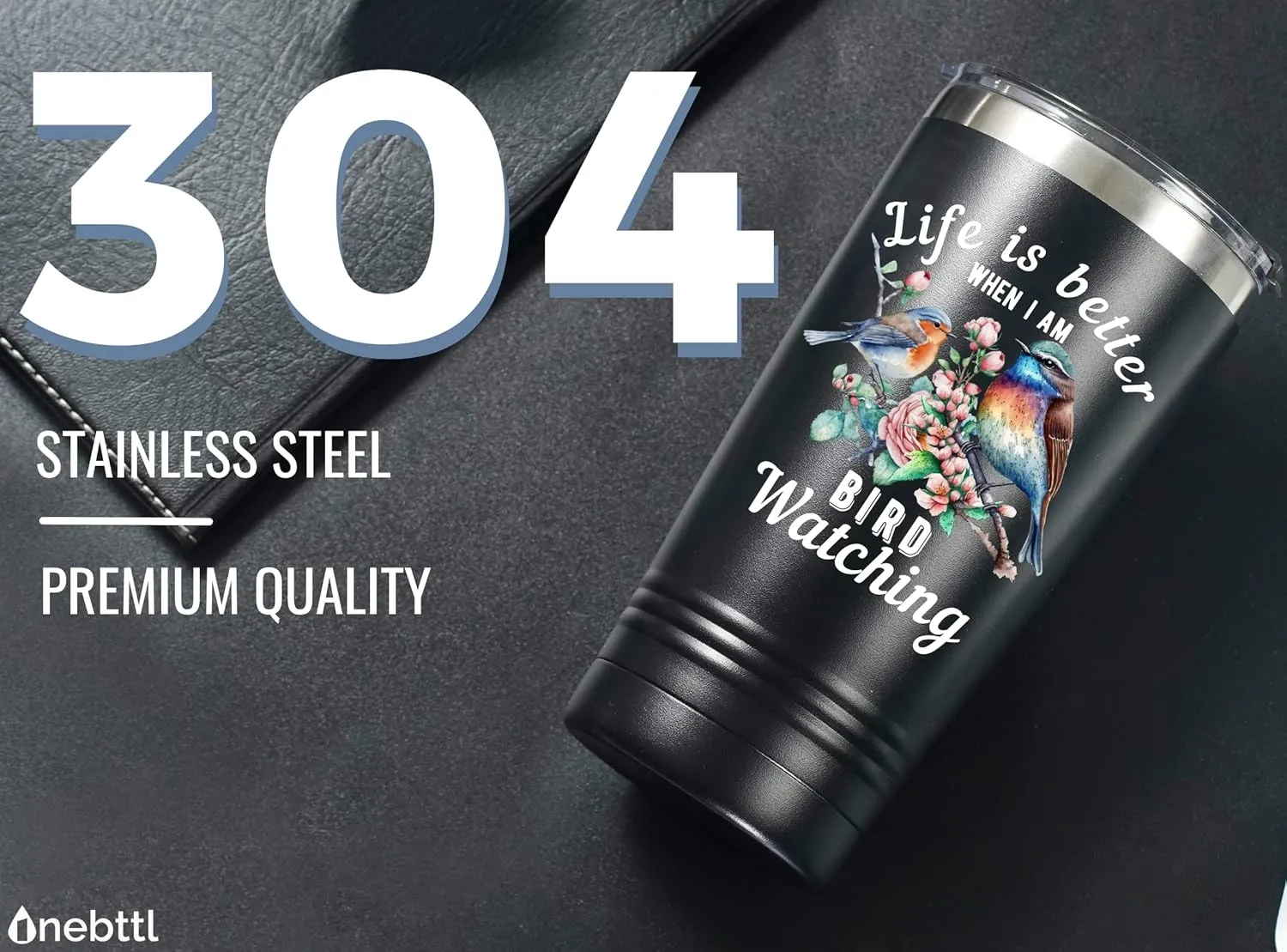 Onebttl Bird Watching Tumbler for Lovers & Watchers, 20oz Stainless Steel Insulated With Lid & Straw, Gift Card & Box Included, Best Birthday Gift - Black