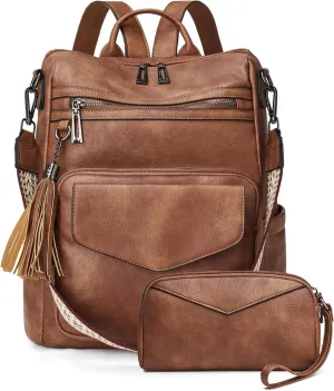 OPAGE Backpack Purse for Women Leather Anti-theft Fashion Designer Travel Backpack Ladies Shoulder Bags With Wristlet-Brown