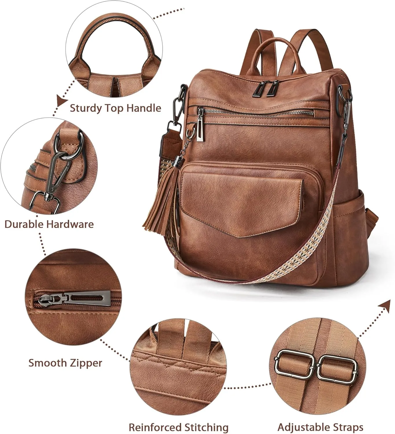 OPAGE Backpack Purse for Women Leather Anti-theft Fashion Designer Travel Backpack Ladies Shoulder Bags With Wristlet-Brown