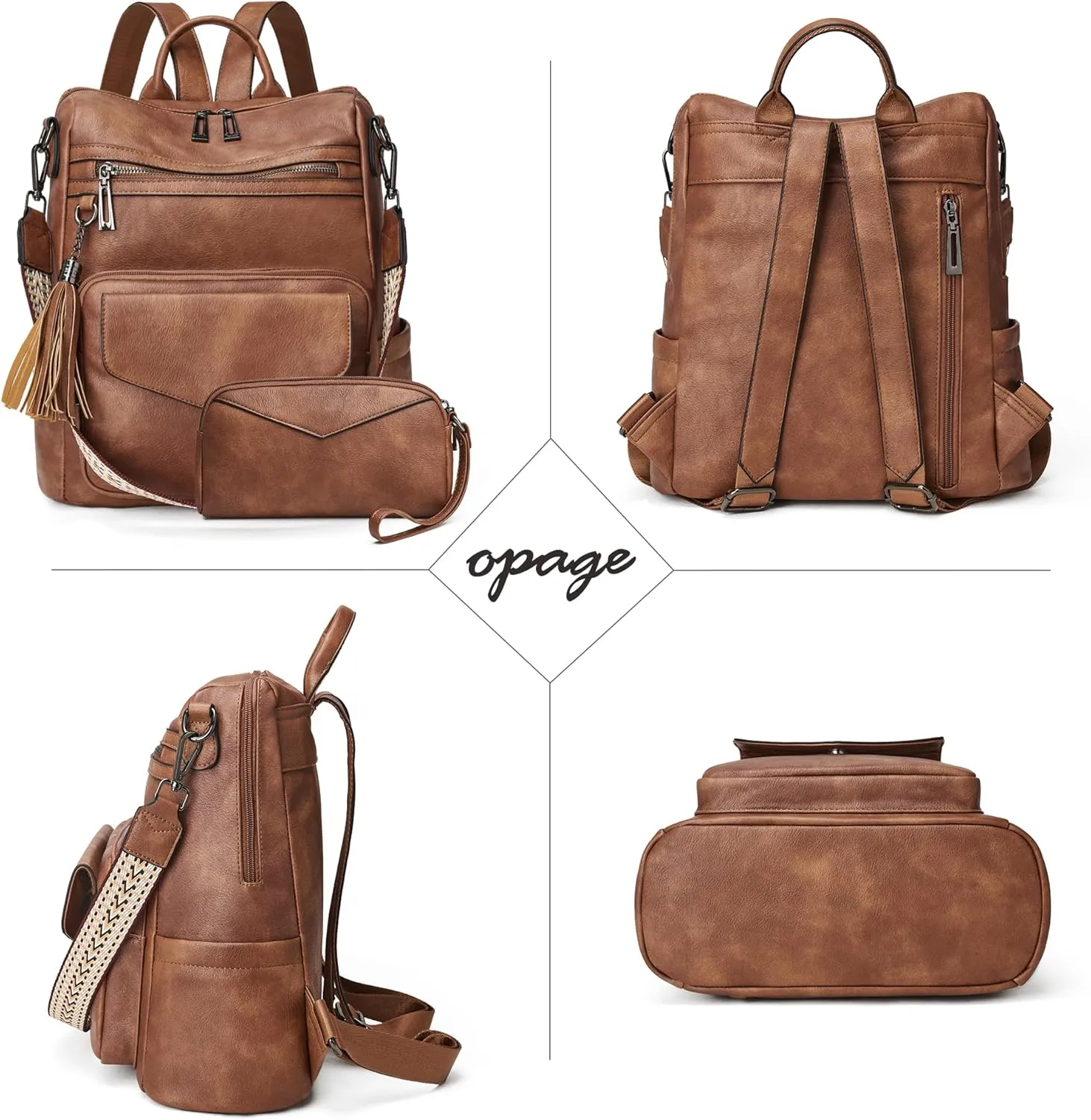 OPAGE Backpack Purse for Women Leather Anti-theft Fashion Designer Travel Backpack Ladies Shoulder Bags With Wristlet-Brown