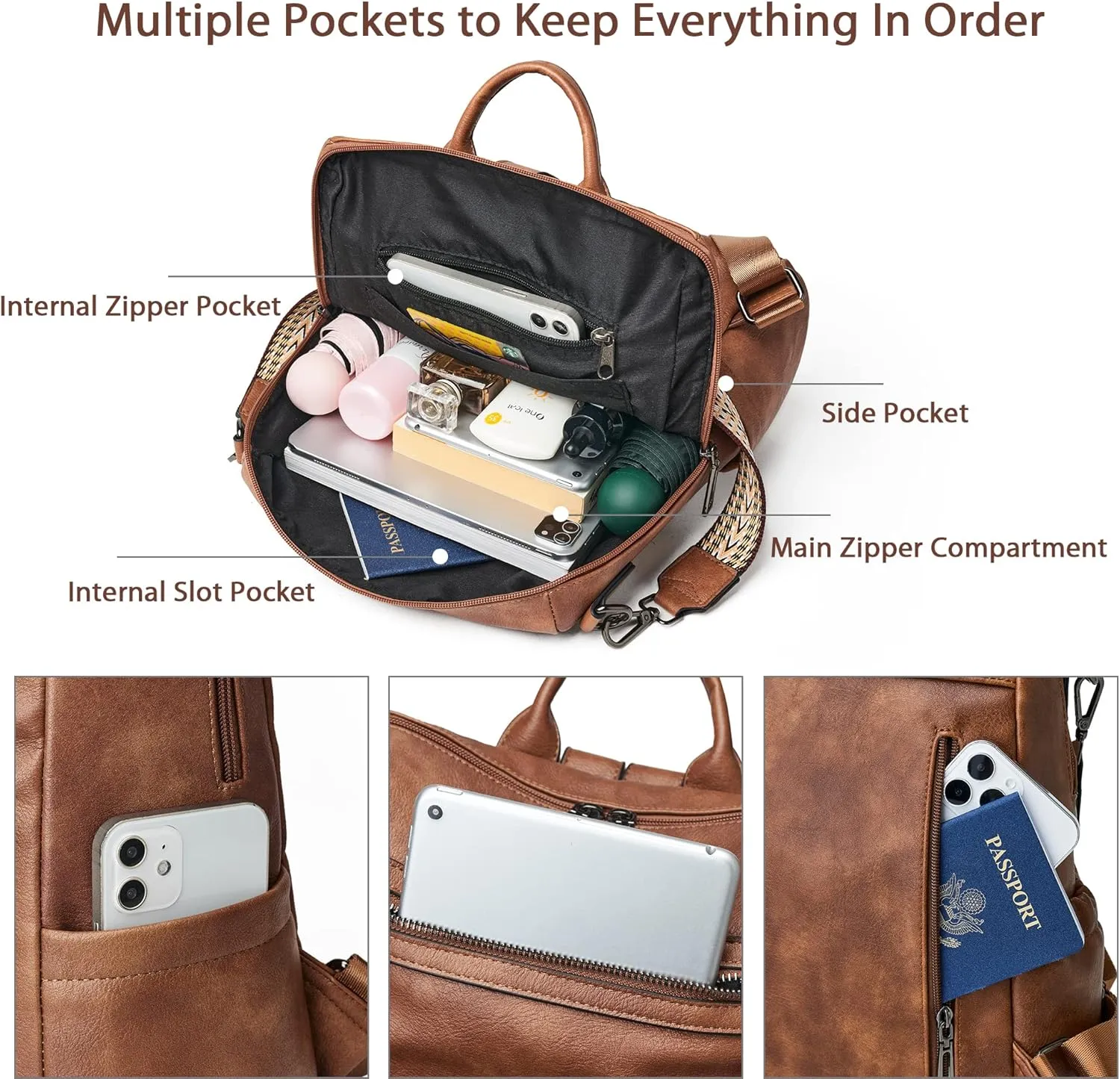 OPAGE Backpack Purse for Women Leather Anti-theft Fashion Designer Travel Backpack Ladies Shoulder Bags With Wristlet-Brown