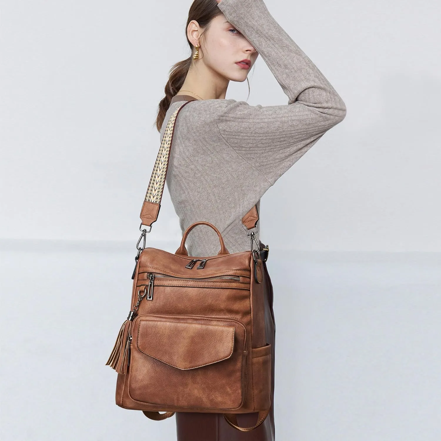 OPAGE Backpack Purse for Women Leather Anti-theft Fashion Designer Travel Backpack Ladies Shoulder Bags With Wristlet-Brown