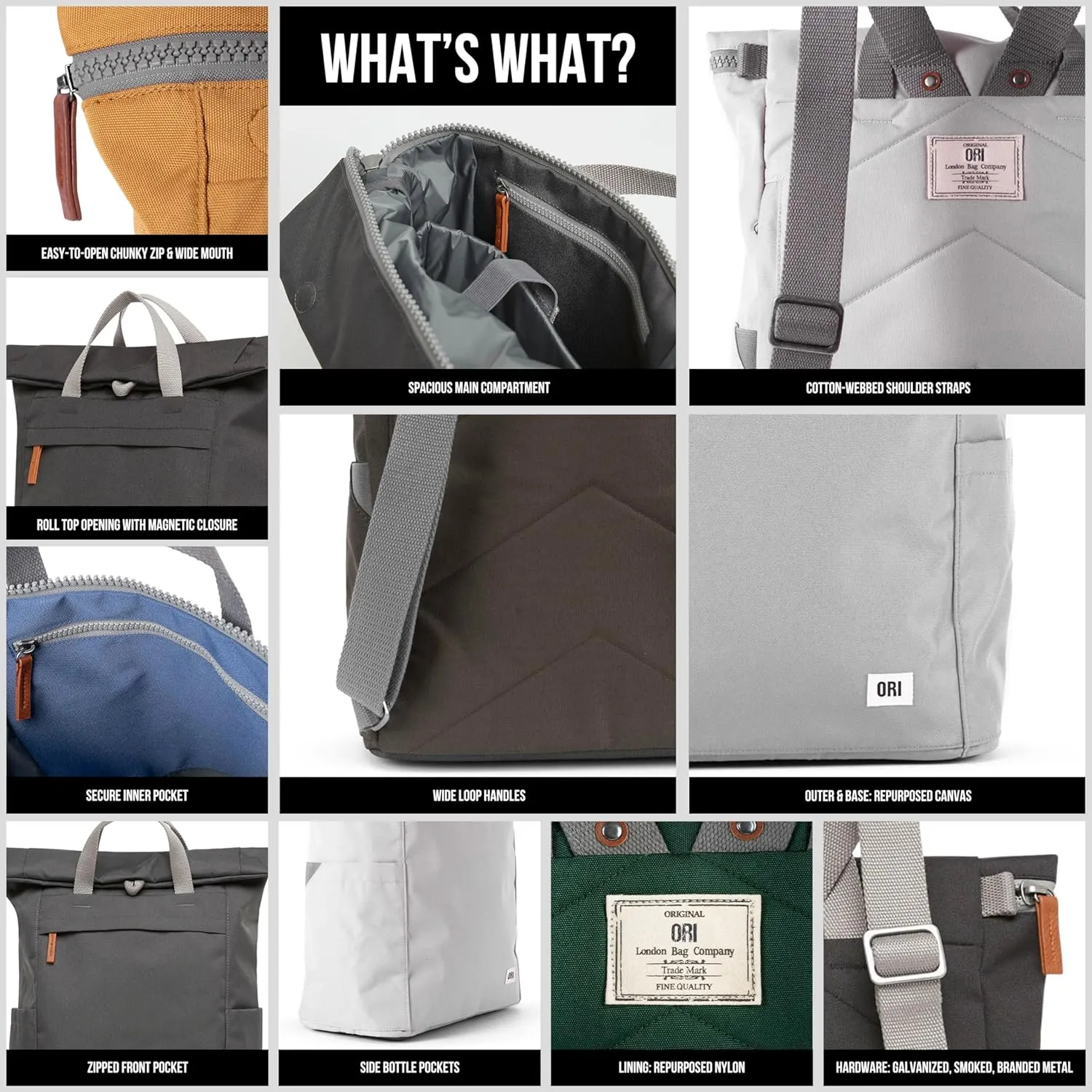 ORI LONDON Rolltop Backpack - Large Travel Backpack with Lots of Pockets for Men & Women - The Finchley, Airforce