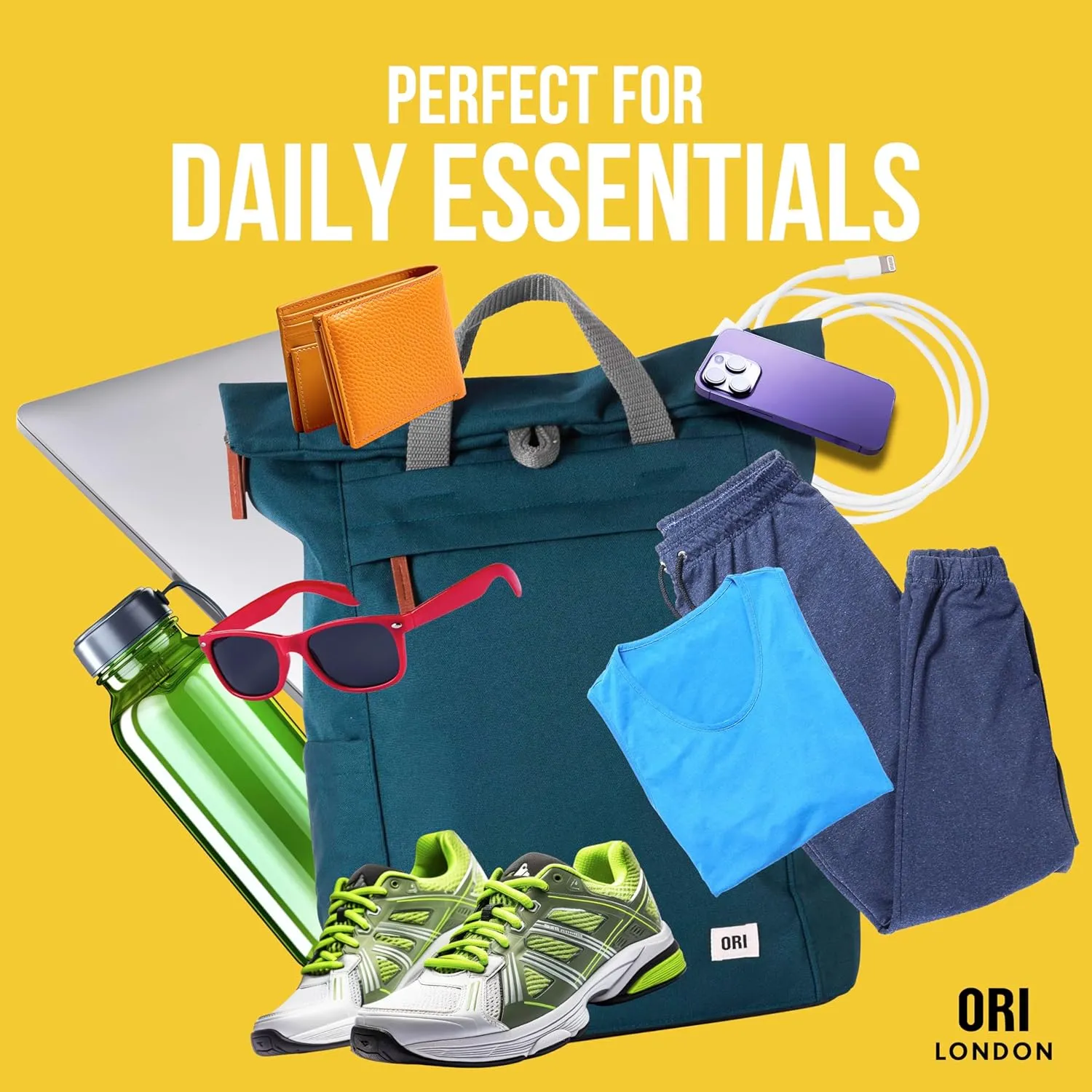 ORI LONDON Rolltop Backpack - Large Travel Backpack with Lots of Pockets for Men & Women - The Finchley, Airforce