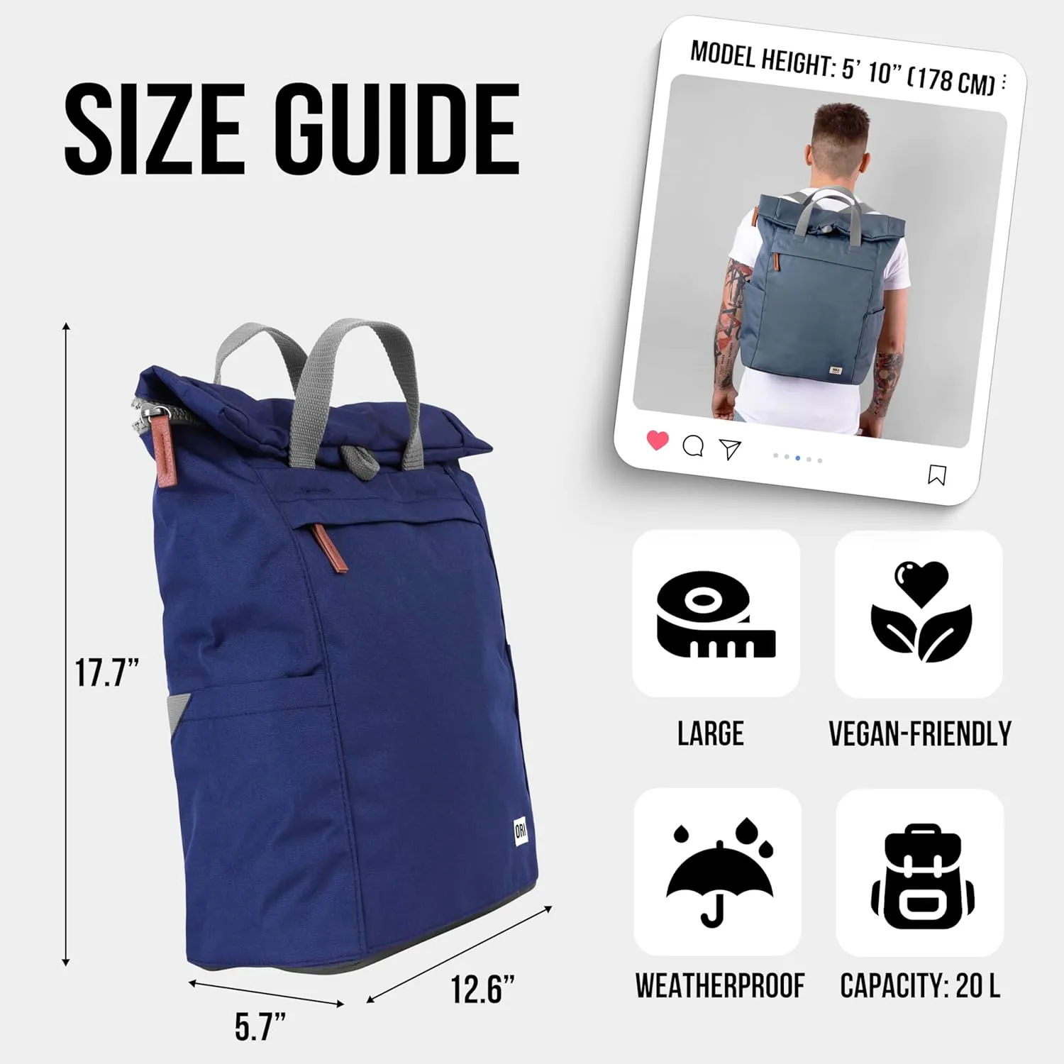 ORI LONDON Rolltop Backpack - Large Travel Backpack with Lots of Pockets for Men & Women - The Finchley, Airforce