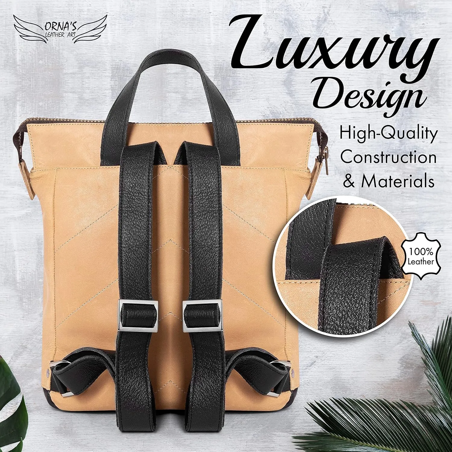 ORNA'S LEATHER ART | Mini SWAN Everyday leather backpack for Women. Practical, Stylish and Spacious Women’s Bag. Real Leather in A Chic Backpack And Contemporary Design (Sand)
