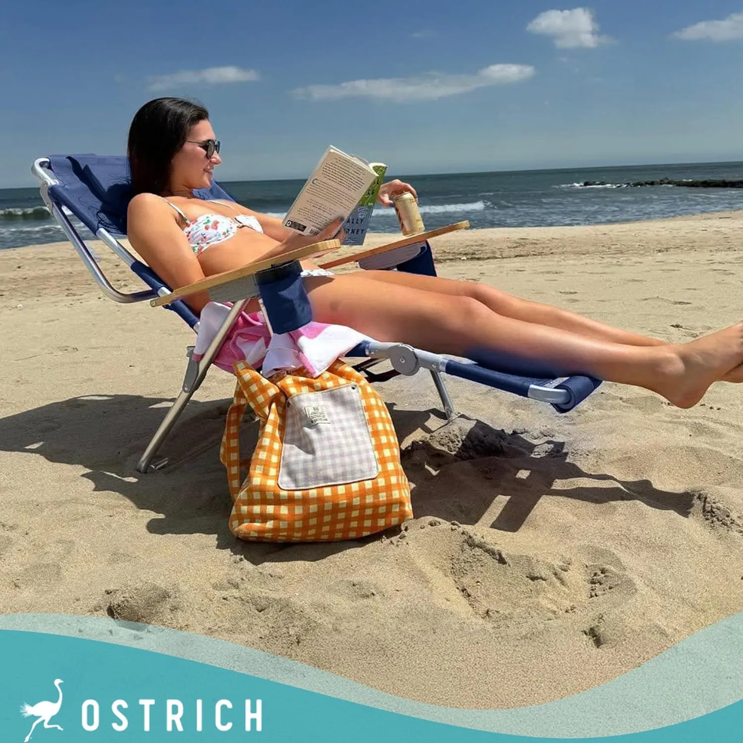 Ostrich Woody 3N1 Beach Chair with Cooler Bag - Face Opening - Portable, Reclining Lounger for Tanning - Face Hole for Reading on Stomach - Adjustable Footrest, Carry Straps - Aluminum (Navy Blue)