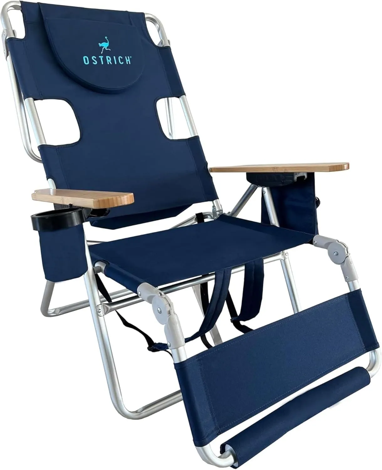 Ostrich Woody 3N1 Beach Chair with Cooler Bag - Face Opening - Portable, Reclining Lounger for Tanning - Face Hole for Reading on Stomach - Adjustable Footrest, Carry Straps - Aluminum (Navy Blue)