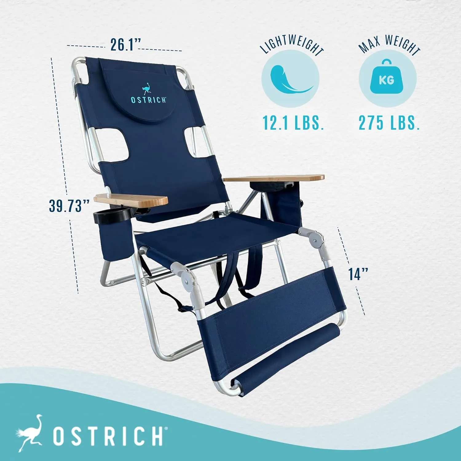 Ostrich Woody 3N1 Beach Chair with Cooler Bag - Face Opening - Portable, Reclining Lounger for Tanning - Face Hole for Reading on Stomach - Adjustable Footrest, Carry Straps - Aluminum (Navy Blue)