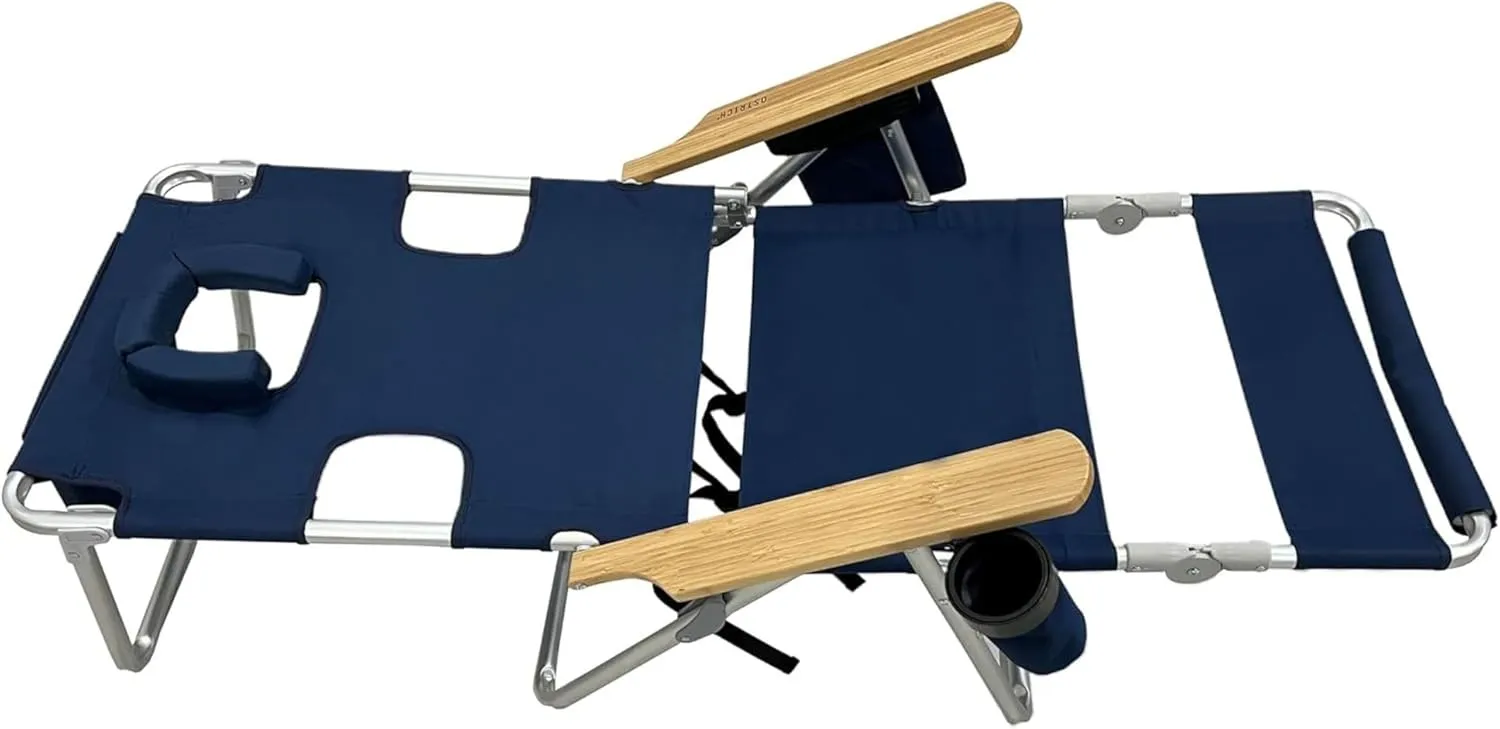 Ostrich Woody 3N1 Beach Chair with Cooler Bag - Face Opening - Portable, Reclining Lounger for Tanning - Face Hole for Reading on Stomach - Adjustable Footrest, Carry Straps - Aluminum (Navy Blue)