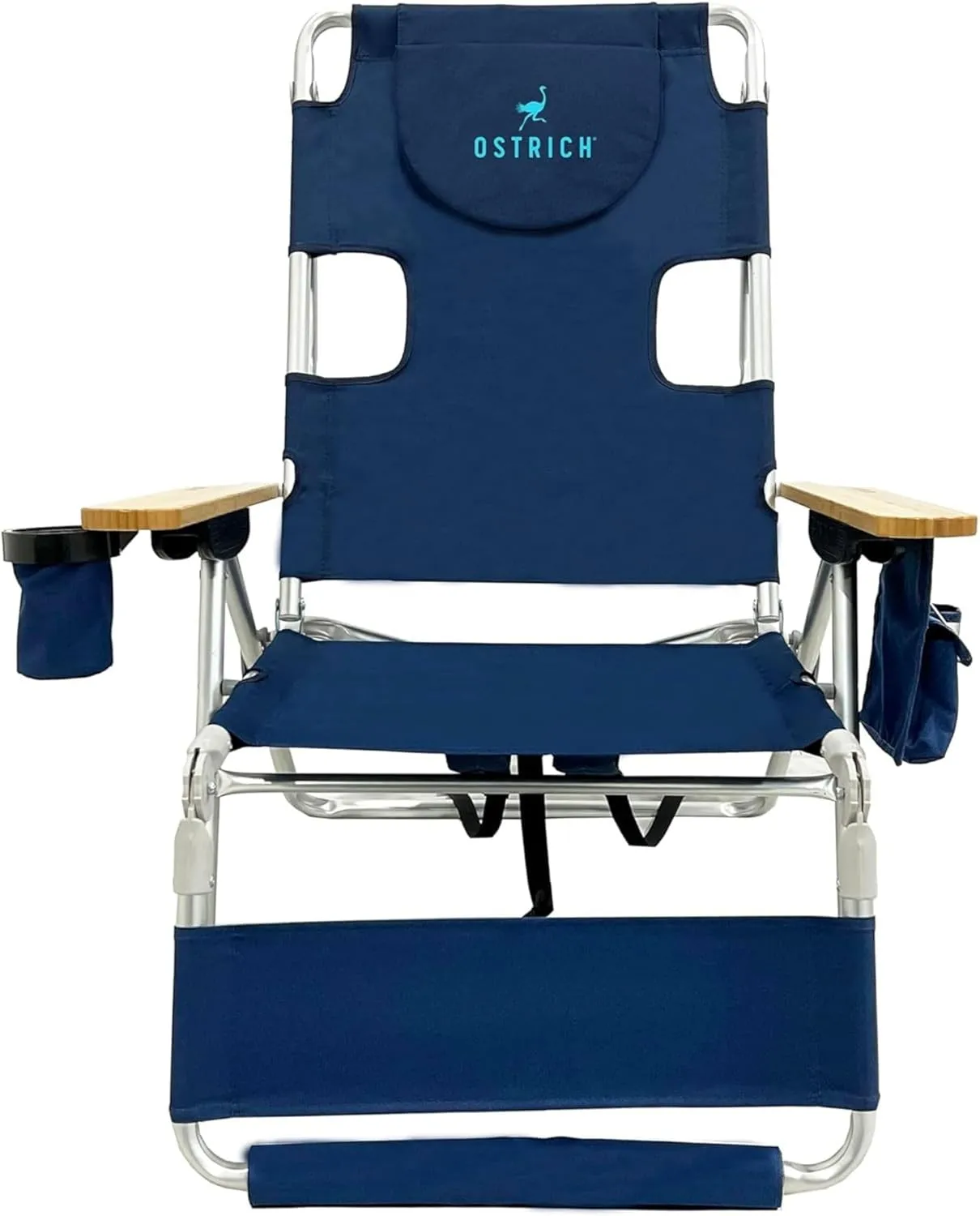 Ostrich Woody 3N1 Beach Chair with Cooler Bag - Face Opening - Portable, Reclining Lounger for Tanning - Face Hole for Reading on Stomach - Adjustable Footrest, Carry Straps - Aluminum (Navy Blue)