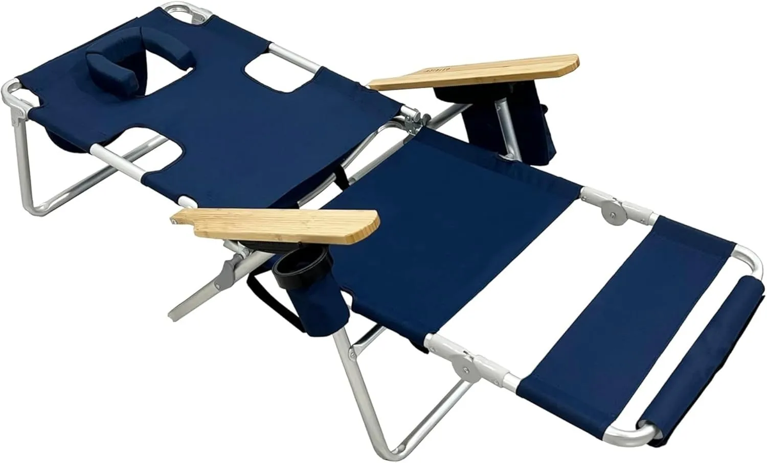 Ostrich Woody 3N1 Beach Chair with Cooler Bag - Face Opening - Portable, Reclining Lounger for Tanning - Face Hole for Reading on Stomach - Adjustable Footrest, Carry Straps - Aluminum (Navy Blue)