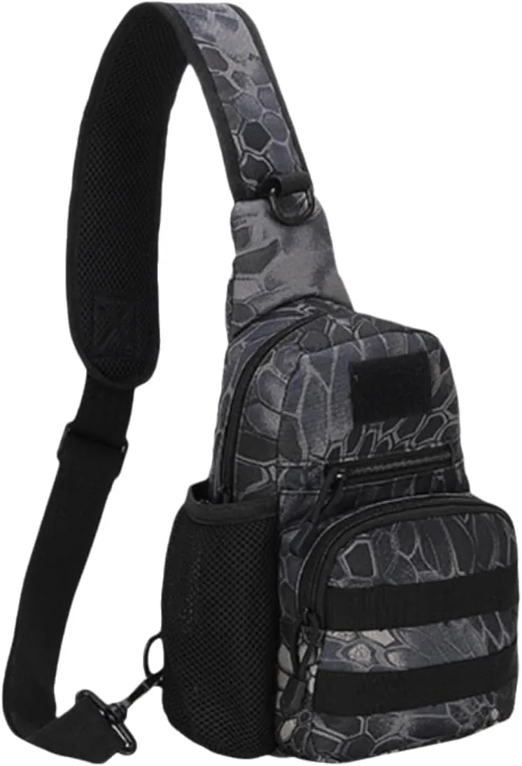 Outdoor Tactical Sling Bag MOLLE Chest Shoulder Backpack for Cycling, Fishing, Hiking EDC Crossbody Bag with Water Bottle Holder Pouch（Mandarin Black Python）