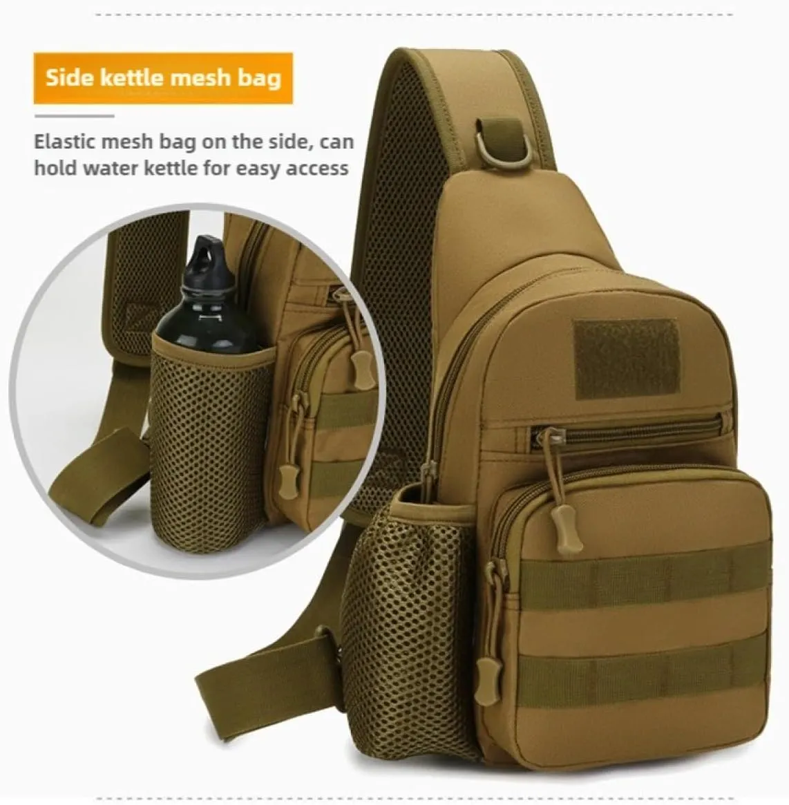 Outdoor Tactical Sling Bag MOLLE Chest Shoulder Backpack for Cycling, Fishing, Hiking EDC Crossbody Bag with Water Bottle Holder Pouch（Mandarin Black Python）