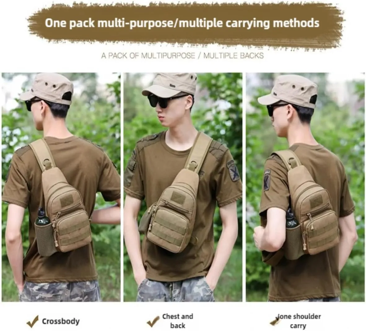 Outdoor Tactical Sling Bag MOLLE Chest Shoulder Backpack for Cycling, Fishing, Hiking EDC Crossbody Bag with Water Bottle Holder Pouch（Mandarin Black Python）