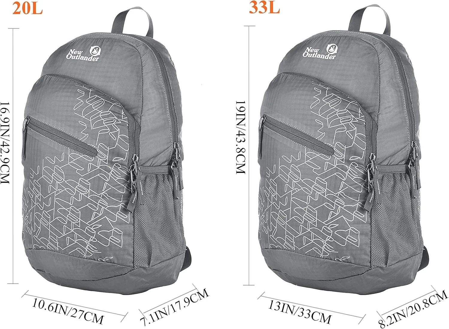 Outlander Packable Handy Lightweight Travel Hiking Backpack Daypack-Grey-L