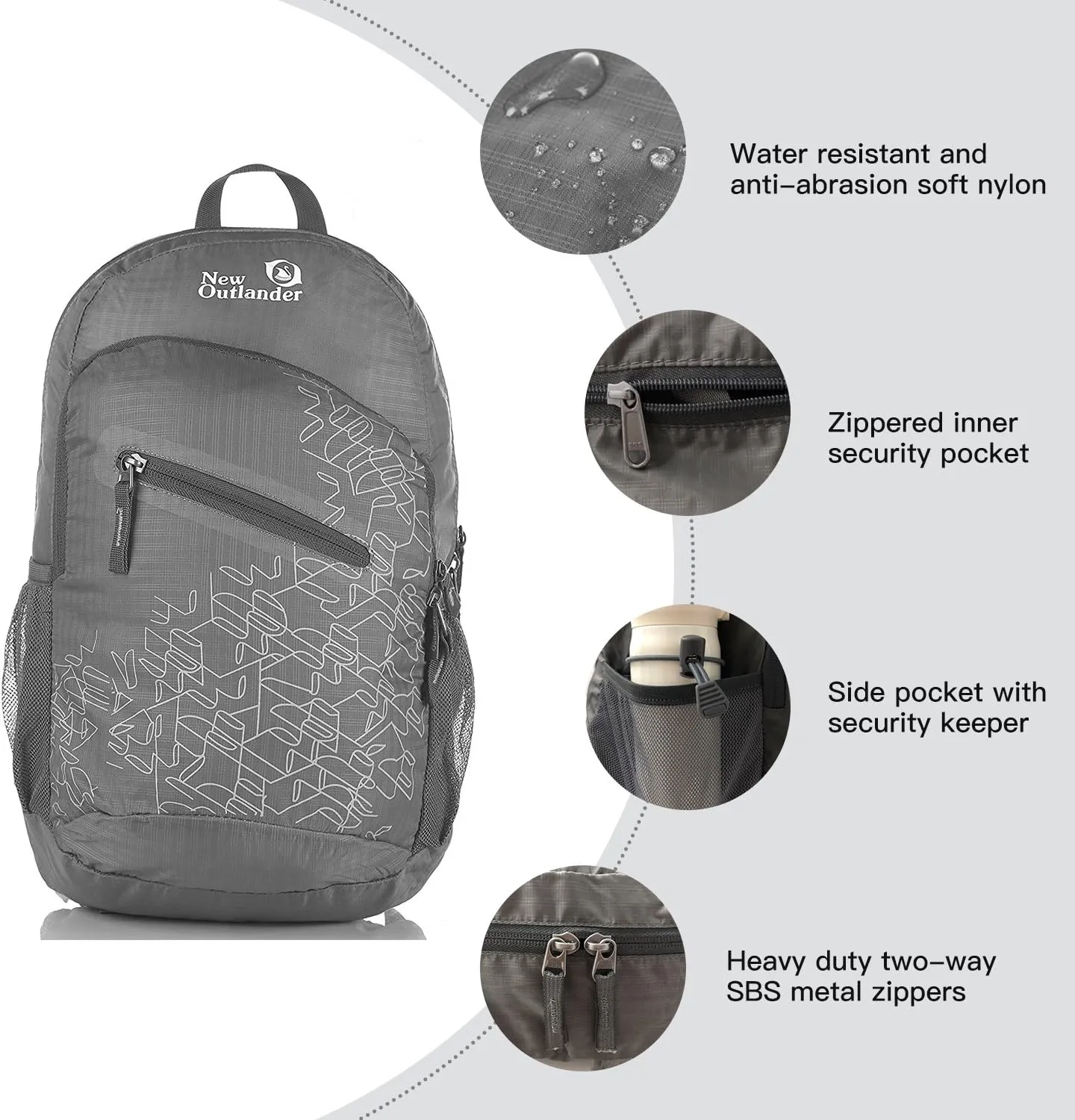 Outlander Packable Handy Lightweight Travel Hiking Backpack Daypack-Grey-L
