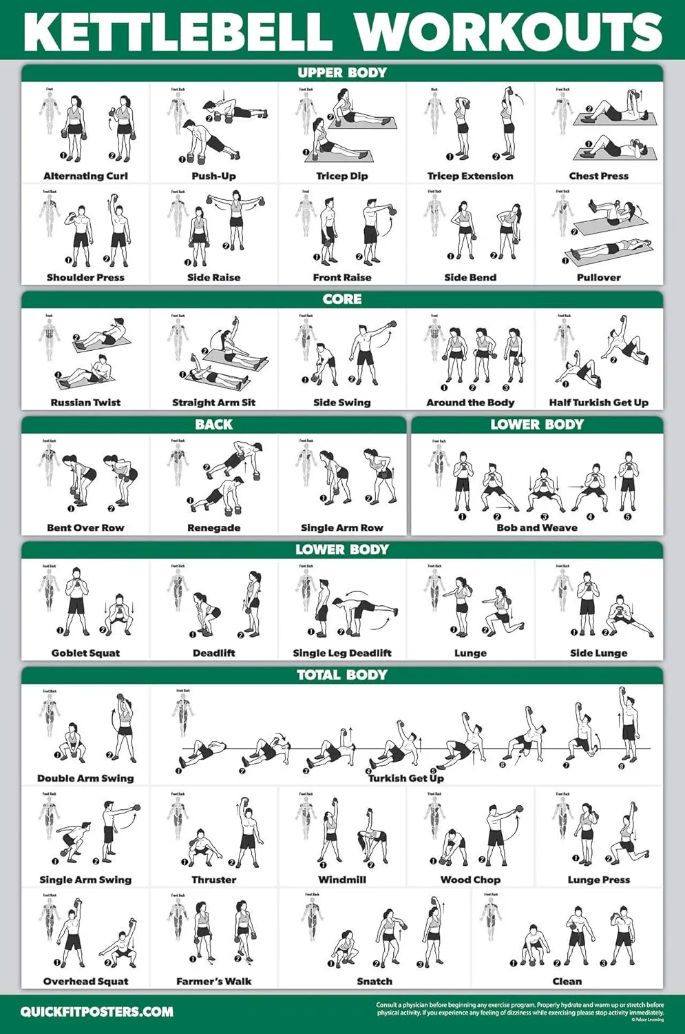 Palace Learning 15 Pack - Exercise Poster Set: Dumbbell, Suspension, Kettlebell, Resistance Bands, Stretching, Bodyweight, Barbell, Yoga, Battle Rope, Exercise Ball, Muscular, Medicine Ball