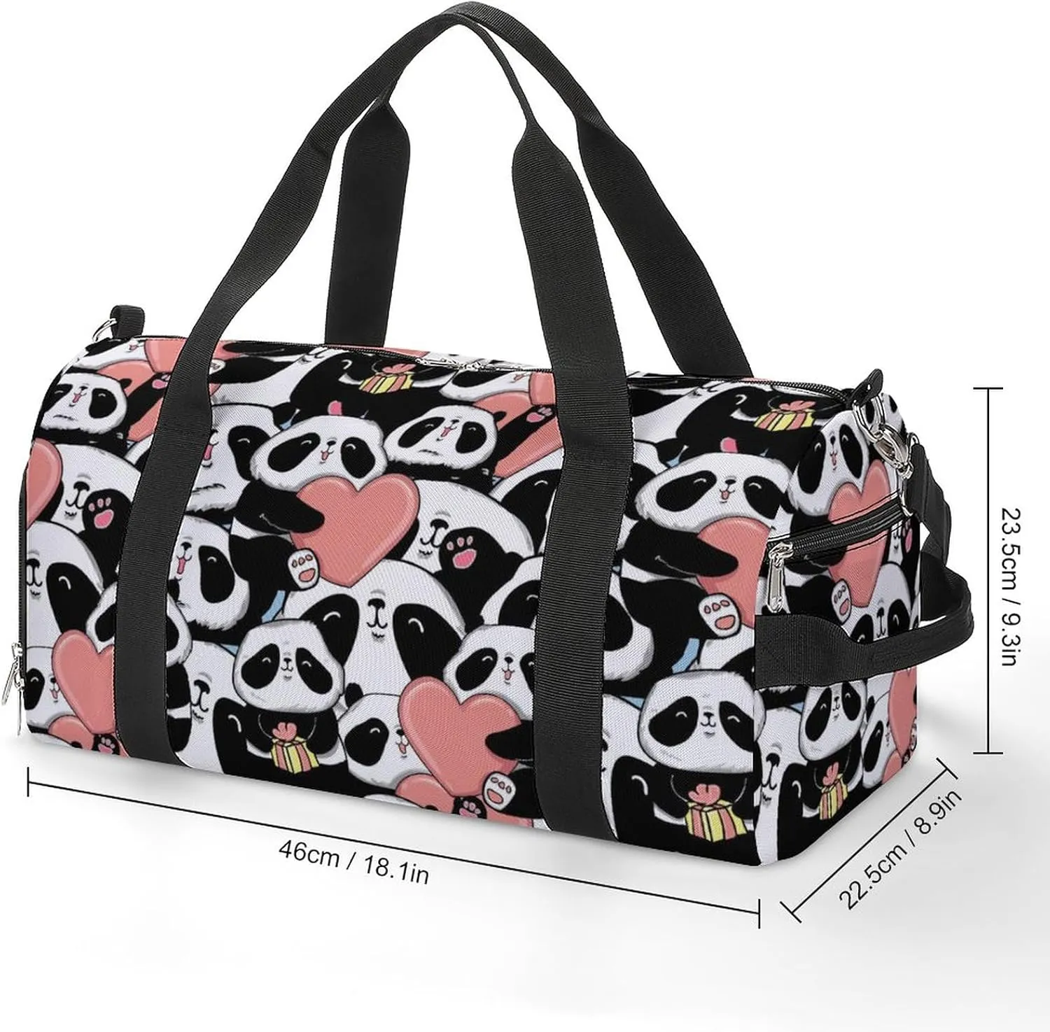 Pandas Heart Pattern Water Resistant Gym Bag with Shoe Compartment, Travel Duffel Tote Bag Weekender Overnight Bag for Women Men