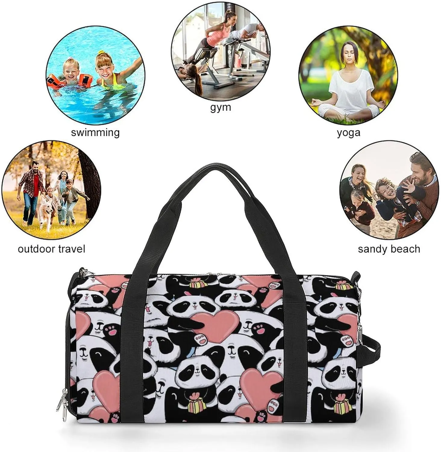 Pandas Heart Pattern Water Resistant Gym Bag with Shoe Compartment, Travel Duffel Tote Bag Weekender Overnight Bag for Women Men