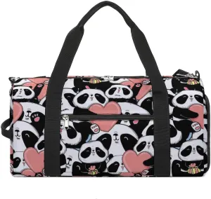 Pandas Heart Pattern Water Resistant Gym Bag with Shoe Compartment, Travel Duffel Tote Bag Weekender Overnight Bag for Women Men