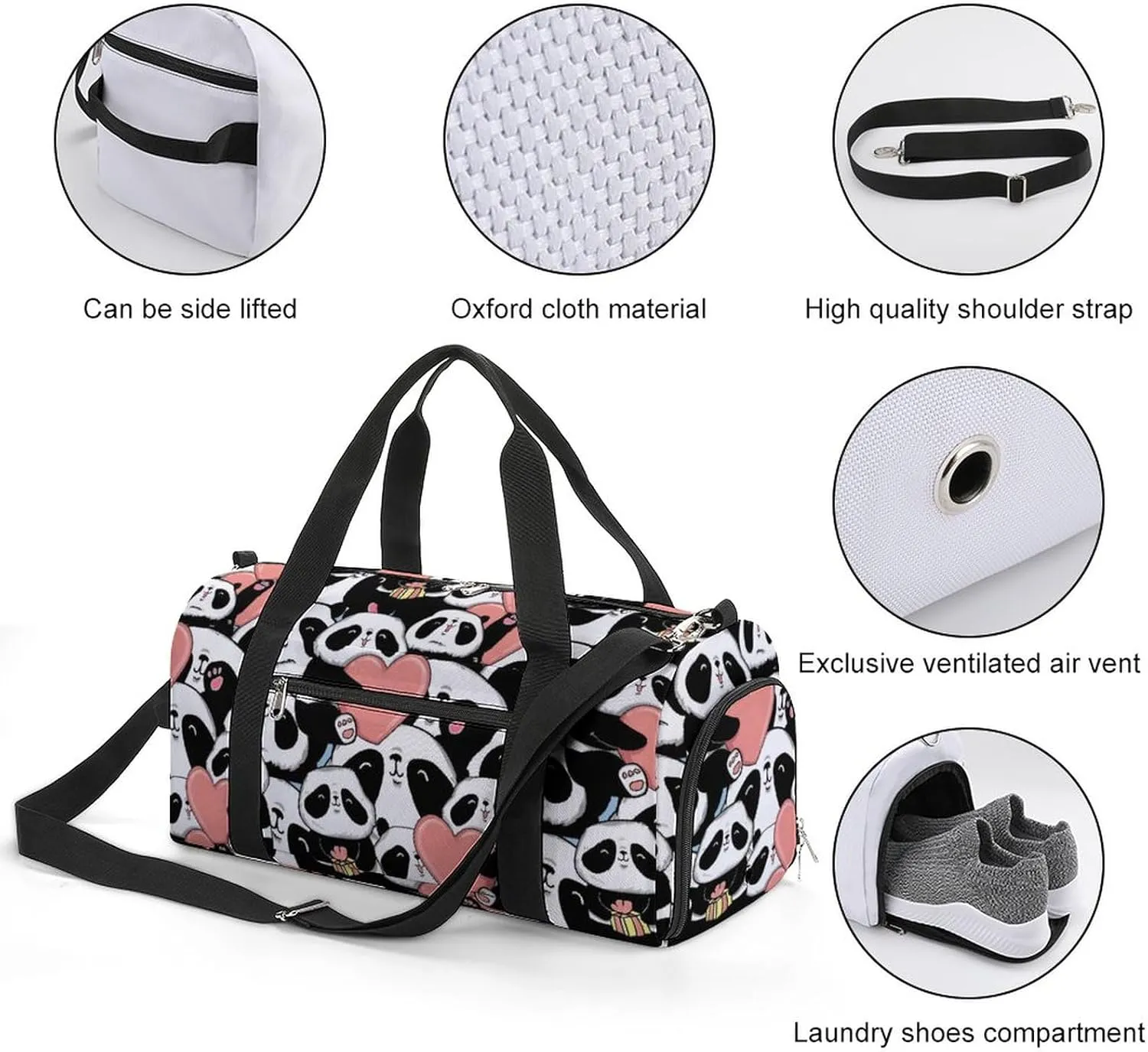 Pandas Heart Pattern Water Resistant Gym Bag with Shoe Compartment, Travel Duffel Tote Bag Weekender Overnight Bag for Women Men