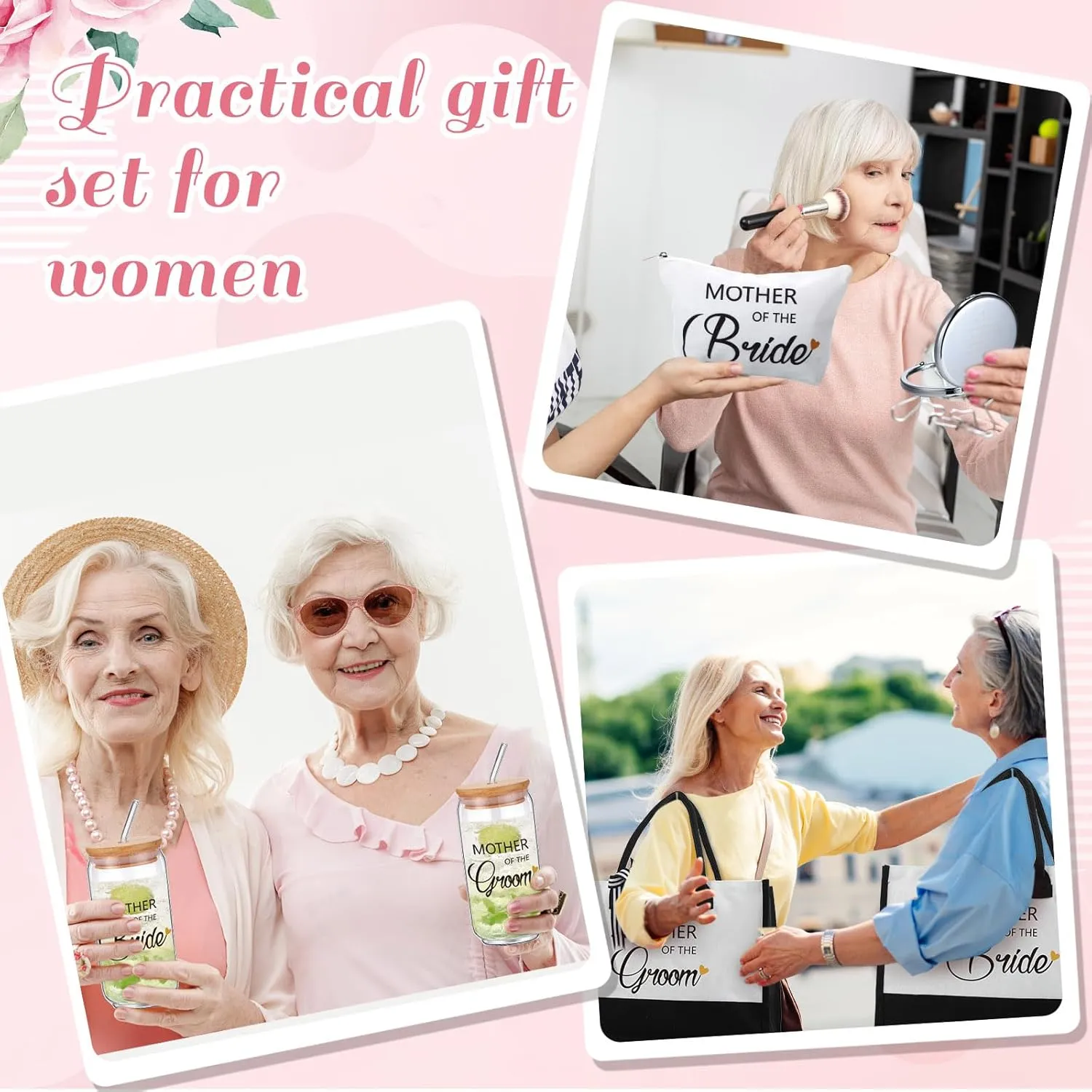 Paterr 8 Pcs Mother of the Bride and Mother of the Groom Gifts Set Canvas Tote Bag Drinking Glass Cups Makeup Bags Mirror (Classic)